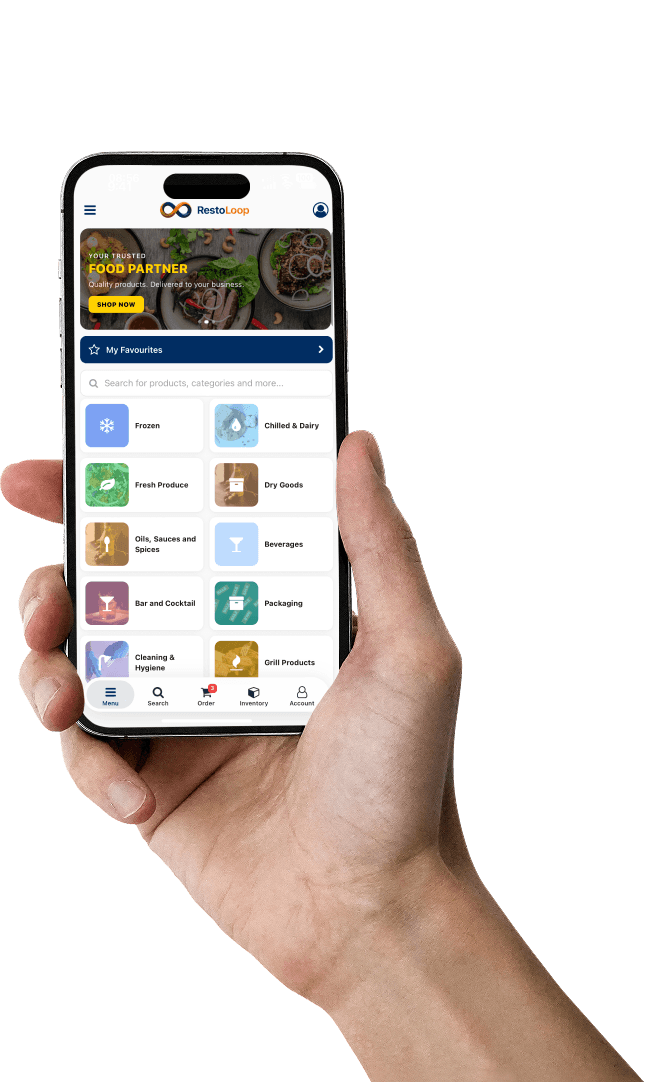 RestoLoop mobile app showing restaurant inventory and order management